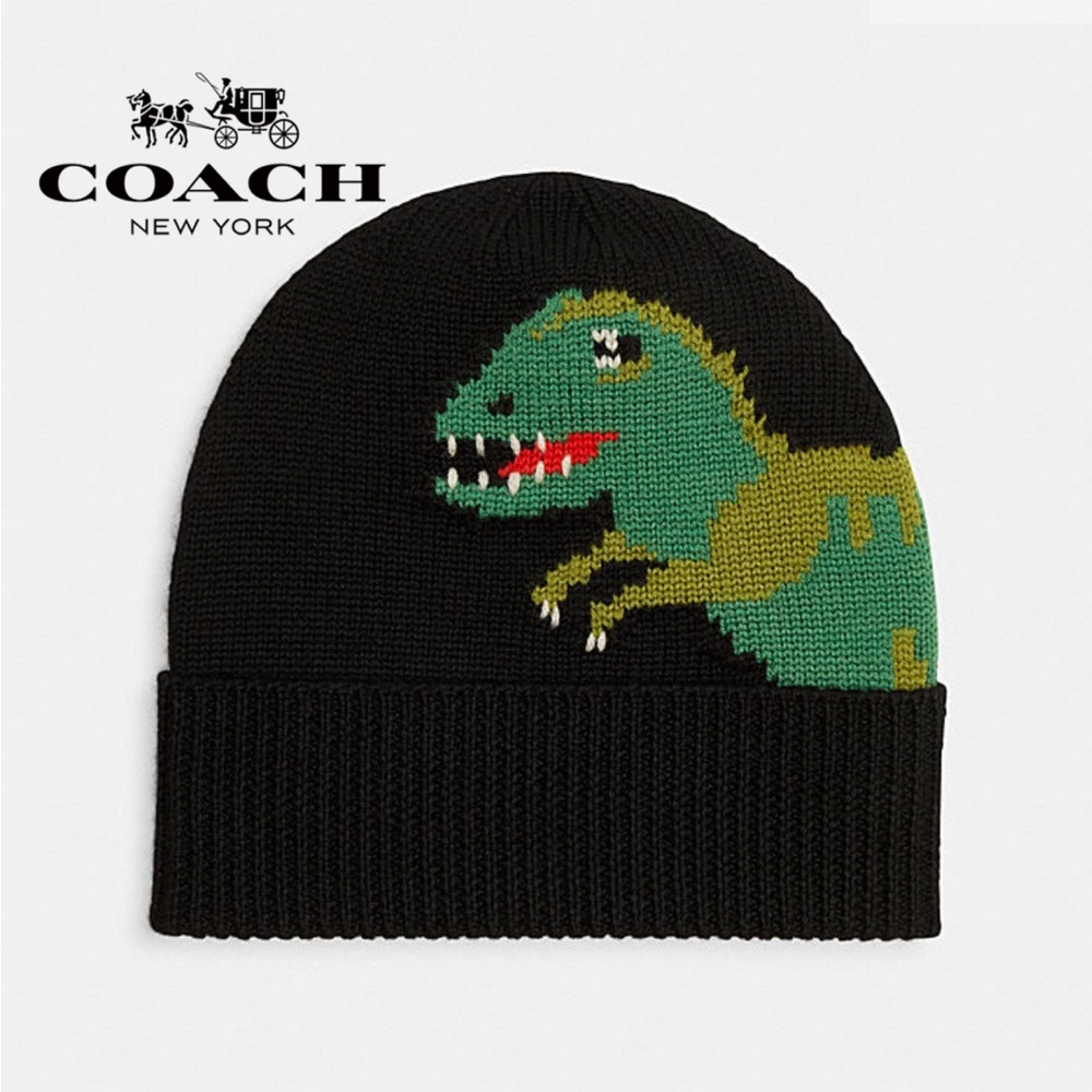 NWT Coach Rexy knit Beanie hat Dinosaur CO105 Limited Edition Cap Black Wool - Picture 1 of 6